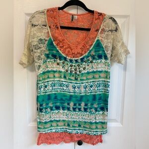 Women's Green Patterned Lace Sleeve Top with Coral Lace Tank